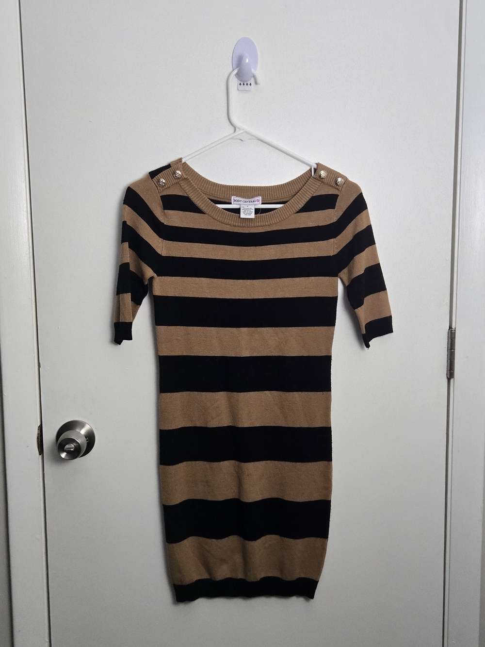 Body Central Black and Tan Striped Knit Midi Dress with Shoulder Buttons